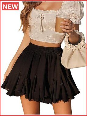 Pleated Mini Skirt High Waisted Flared A-Line Ruffle Hem